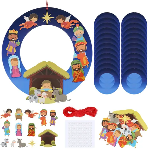 Qilery Juego de 24 manualidades de Navidad de Belén de 10.63 pulgadas, corona religiosa de Jesús, kit de corona de Jesús, manualidades sagradas de