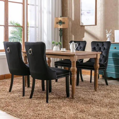 Miniatura 7 de Merax Juego de 2 sillas de comedor de terciopelo tapizadas de alta gama con anillo trasero de clavo, patas de madera maciza, asiento de espuma