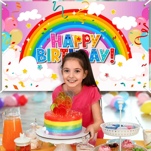 Miniatura 7 de Remerry Telón de fondo de cumpleaños arcoíris para niñas, colorido decoración de fiesta de feliz cumpleaños, pancarta para niñas, niños y adultos