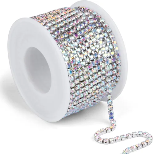 [11 yardas] Cadena de diamantes de imitación de cristal, [10M/ 3.0MM] AB Rainbow Rhinestone Close Chain Trim Cadena de cristal Cadena de copa con