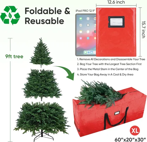 Miniatura 3 de BALEINE - Bolsa para guardar el árbol de Navidad de 9 pies, bolsa extra grande de alta resistencia para árbol de Navidad artificial con asas Rojo