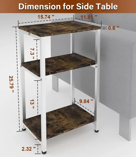 Miniatura 2 de Mesa auxiliar de 3 niveles, mesa auxiliar resistente con estantes, mesa de noche estrecha para espacios pequeños, mesa de tocadiscos para Blanco