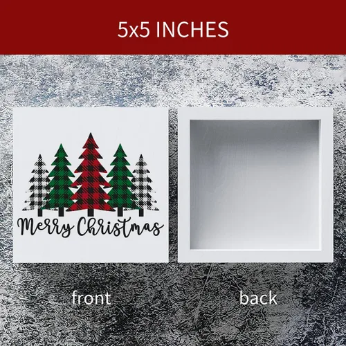 Miniatura 2 de Cartel de madera con diseño de árboles de Navidad divertidos, caja de madera con texto en inglés «Merry Christmas», arte rústico, estante