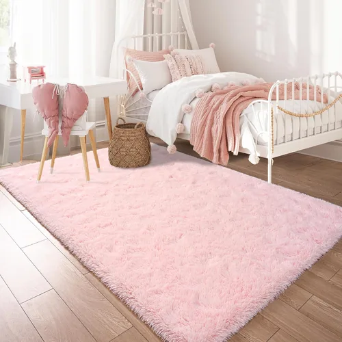 Miniatura 8 de Keeko Alfombras de área de color rosa esponjosas para dormitorio, habitación de niñas, 4 x 5.3 pies, bonita alfombra de pelo largo para habitación