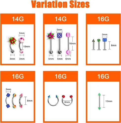 Miniatura 4 de CrazyPiercing Lote de 110 piercings de joyería para el cuerpo cejas ombligo lengua labio anillo Acero inoxidable