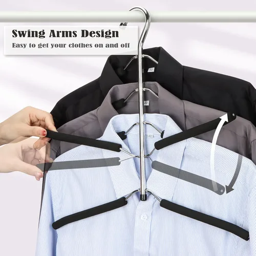 Miniatura 4 de Perchas de ropa que ahorran espacio, 4 paquetes de 4 paquetes de brazo oscilante antideslizante acolchado percha de 5 capas de acero inoxidable