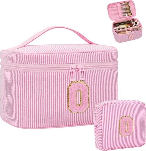 Miniatura 87 de Juego de bolsas de maquillaje con iniciales para niñas y mujeres, bolsa de cosméticos con monograma con soporte para cepillos, estuche de maquillaje
