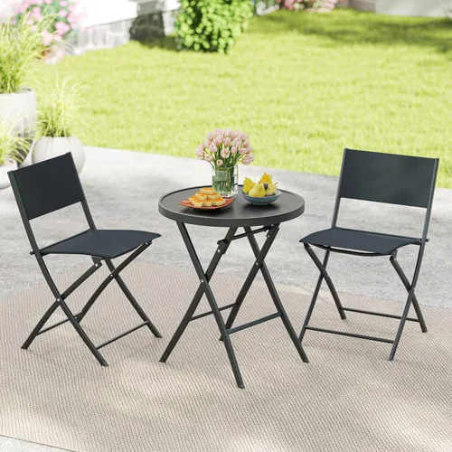 Miniatura 3 de HAPPYGRILL Juego de 3 piezas plegables para patio, juego de conversación al aire libre con mesa auxiliar y 2 sillas de patio, juego de comedor