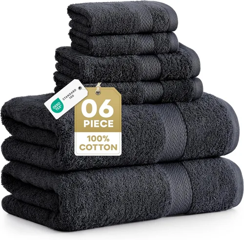 Miniatura 10 de LANE LINEN Juego de 6 toallas turcas de 100 % algodón para baño, súper suaves, de secado rápido y altamente absorbentes, 2 toallas de baño, 2 paños