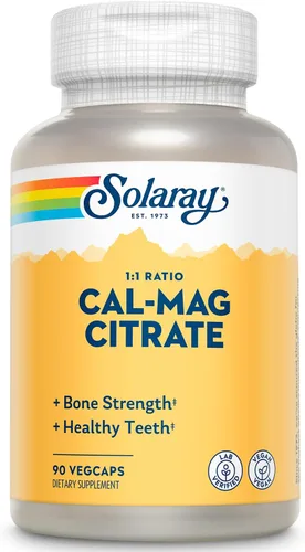 Solaray Citrato de calcio y magnesio de 1000 mg de relación 1:1, suplemento de fuerza ósea, músculo, sistema nervioso y apoyo a la salud ósea,
