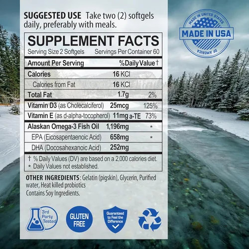 Miniatura 5 de NANOWELL Wild Alaskan rTG Omega-3 Aceite de pescado 1196mg - EPA, DHA, vitamina D3 y E - 120 cápsulas blandas x 3 botellas (360 unidades)