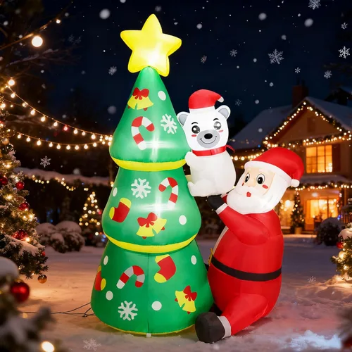 1.88 m de alto Árbol inflable navideño jumbo encantador con Papá Noel y oso polar, árbol inflable navideño animado con Papá Noel y oso polar, luces