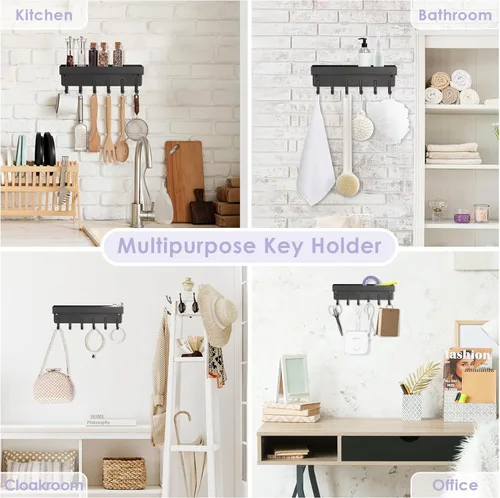 Miniatura 7 de VIS'V Soporte para llaves de pared, soporte adhesivo compacto para llaves con bandeja, 6 ganchos, 2 opciones de montaje, negro