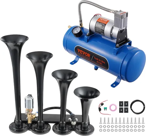 VEVOR Kit de 4 Bocinas de Aire de Trompeta, 150dB Bocinas de Tren para Camionetas Pickup, Compresor de Aire de 12V 120 psi Tanque de 1.6 Gal/6 L con