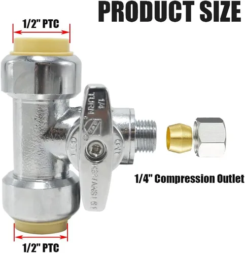 Miniatura 2 de TT FLEX Válvula de parada en T de servicio, 1/2 pulgada x 1/2 pulgada x 1/4 pulgada, 1/4 de vuelta, ajuste de parada de servicio de compresión