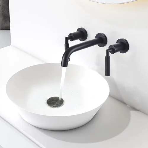 Miniatura 4 de RBROHANT RB0735D - Grifo de montaje en pared negro con drenaje desplegable para fregadero sin desbordamiento, grifo de fregadero de baño de doble