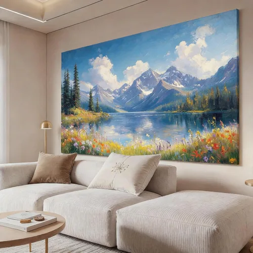 Miniatura 6 de Inzlove Large Canvas Wall Art 48" L x 24" W - Snow Mountain Lake Landscape Painting, Meadow Wildflowers Art Print, Rustic Farmhouse Decor for Living
