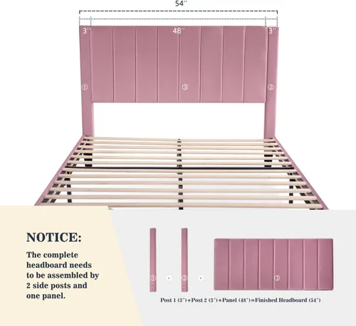 Miniatura 4 de Allewie - Base de cama tamaño Full con cabecera acolchada tapizada en terciopelo y diseño acanalado vertical; plataforma de cama con resistentes Rosa