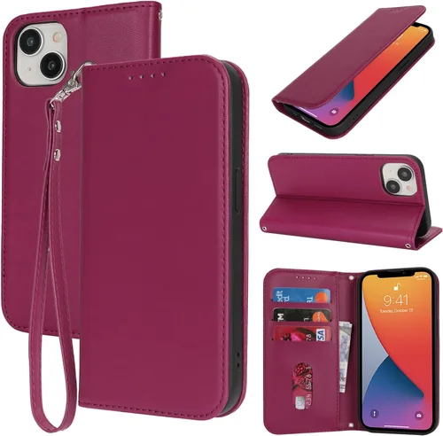 Funda tipo cartera para iPhone 13, iPhone 14, con tarjetero y correa para la muñeca, de piel sintética, a prueba de golpes, con función atril a1-Rojo
