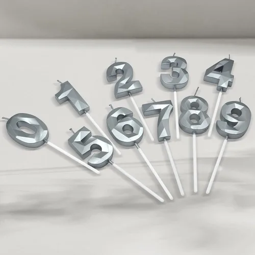 Miniatura 7 de Velas de cumpleaños número 16 y 61 para tartas, velas plateadas con forma de diamante 3D, decoración de cumpleaños, suministros de fiesta para Plata