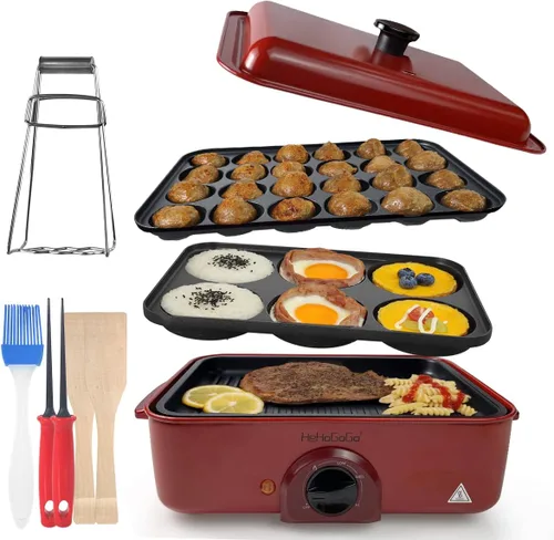 Plancha eléctrica multifuncional 3 en 1, sartén eléctrica antiadherente para hornear con 3 bandejas intercambiables Takoyaki, máquina para hacer Rojo