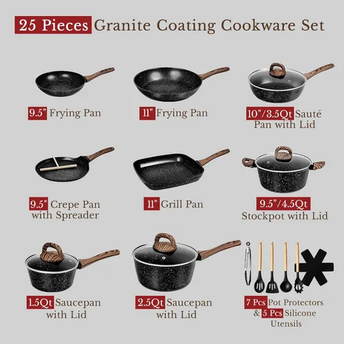Miniatura 2 de EWFEN Juego de 25 piezas de ollas y sartenes, juego de utensilios de cocina de cerámica antiadherente, saludables, no tóxicos, de gran capacidad