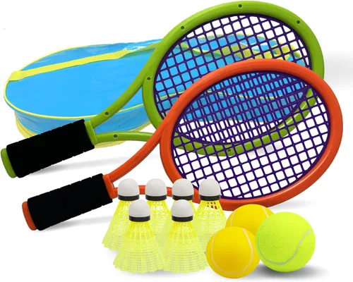 Juego de raquetas de tenis para niños pequeños, mango de esponja, incluye 6 bádminton, 1 pelota de tenis, bolsa y 2 pelotas, aumenta los deportes de
