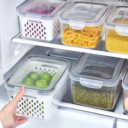 Miniatura 5 de Paquete de 4 recipientes de almacenamiento de alimentos frescos, caja ahorradora de productos de gran capacidad con cestas de drenaje y tapa