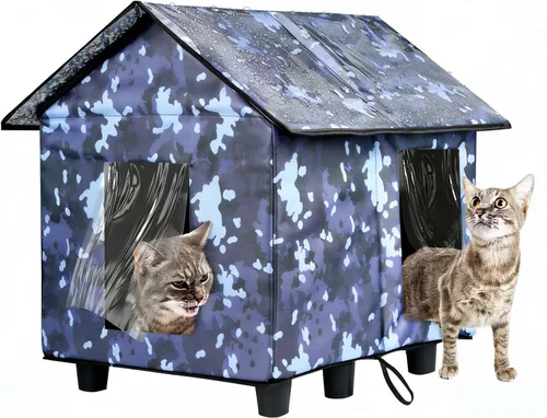 Casa elevada aislada para gatos al aire libre resistente a la intemperie, 20 x 19 x 17 pulgadas, parte superior de PVC impermeable y forro de