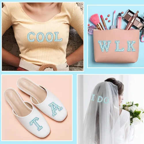 Miniatura 6 de Morcheiong 26 piezas de parches de letras con diamantes de imitación de perlas autoadhesivas A-Z, parches de letras de perlas para pegar en ropa