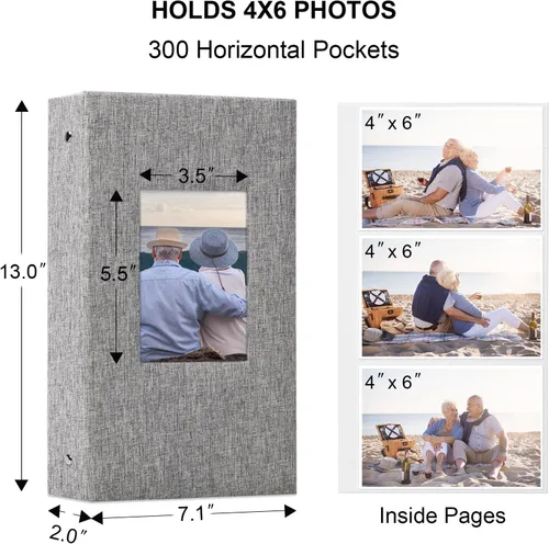 Miniatura 6 de Vienrose - Álbum de fotos de lino con 300 bolsillos de 4 x 6 pulgadas, cubierta de tela, para bodas, familias, aniversarios y bebés Gris