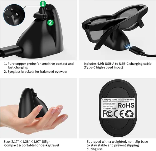 Miniatura 5 de Soporte de carga compatible con gafas inteligentes RayBan Meta, base de carga portátil para Wayfarer, Headliner y Skyler Gen 1 con cable USB-C de 59