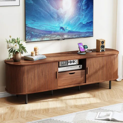 Miniatura 11 de ONBRILL Soporte de TV de 69 pulgadas con toma de corriente para televisores de hasta 80 pulgadas, centro de entretenimiento con almacenamiento