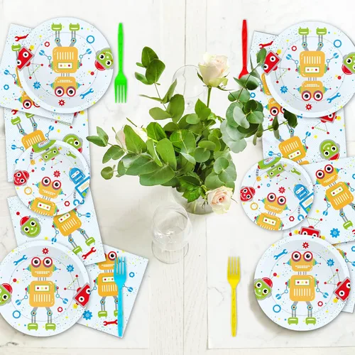 Miniatura 5 de Wiooffen 96 piezas de suministros para fiesta de cumpleaños de robots, platos de papel, servilletas, vajilla desechable, juego de postres