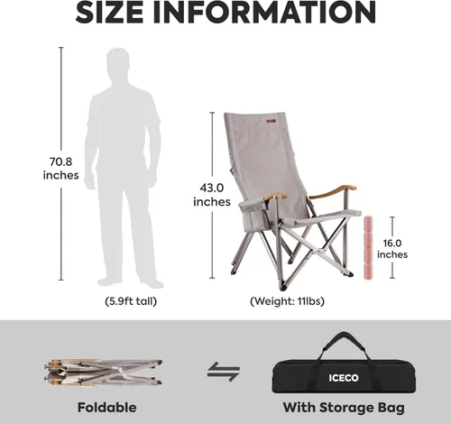 Miniatura 2 de Silla de Camping de Respaldo Alto ICECO para Adultos, Silla Plegable de Alta Resistencia para Exterior, Sillas Portátiles al Aire Libre con Bolsa