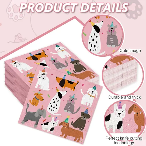 Miniatura 3 de JarThenaAMCS 100 hojas de servilletas de fiesta para perros, servilletas de papel de cóctel rosadas para cachorros, servilletas desechables