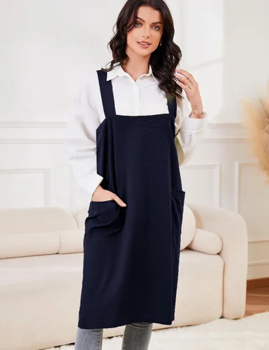Miniatura 3 de Schine Pinafore de algodón con espalda cruzada para mujer, con bolsillos grandes, prácticos delantales para trabajos de jardinería, cocina, marino