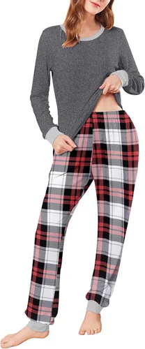 Miniatura 147 de Ekouaer Conjunto de pijama de manga larga para mujer, ropa de dormir suave con cuello redondo y bolsillos