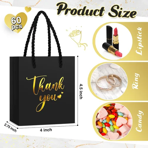 Miniatura 2 de Honoson - 60 mini bolsas de regalo de agradecimiento con asa a granel de 4 x 2.75 x 4.5 pulgadas, pequeña bolsa de papel de aluminio para envolver