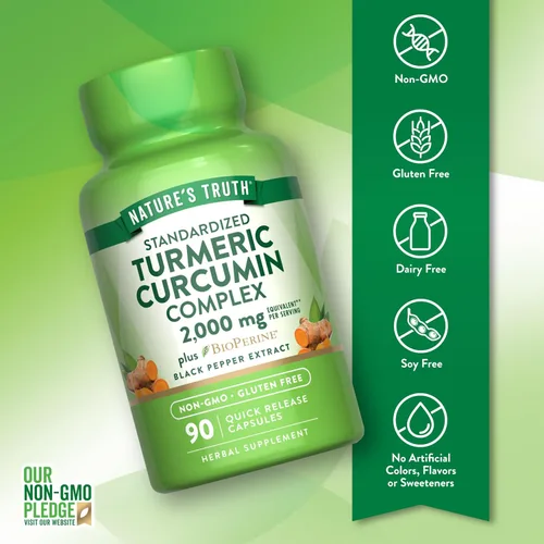 Miniatura 3 de Nature's Truth Suplemento de cápsulas de curcumina de cúrcuma con 95% curcuminoides estandarizados y bioperina 90 unidades Sin OMG y sin gluten