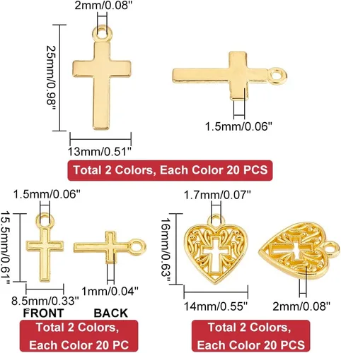 Miniatura 4 de PH PandaHall 120 dijes de cruz, 3 estilos de dijes de cruz de corazón, dije de oro y plata para hacer joyas de Pascua, pulseras, collares