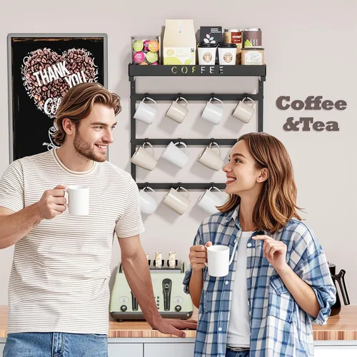 Miniatura 6 de RCHYFEED Soporte para taza de café montado en la pared, organizador de tazas para exhibición y colección de cocina, soporte de metal para tazas