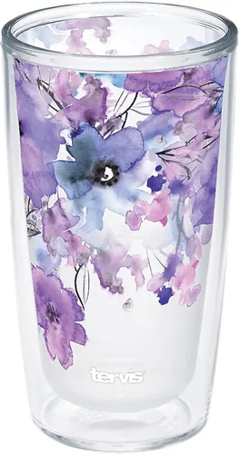 Tervis Vaso aislado de cristal de doble pared hecho en Estados Unidos con acuarela floral morado que mantiene las bebidas frías y calientes, 16