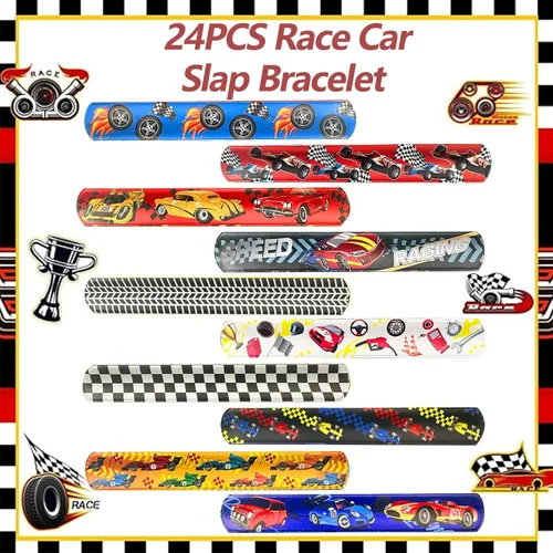 Miniatura 7 de CZWXOXO 24 Piezas Decoraciones de Fiesta de Coches de Carreras Favores Pulsera de Carreras Pulseras de Carreras Pulseras de Palmada a Cuadros