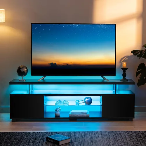 Miniatura 3 de Cubehom Soporte de TV negro, soporte de TV LED para sala de estar, centro de entretenimiento de cristal, mesas de consola de TV para sala de estar
