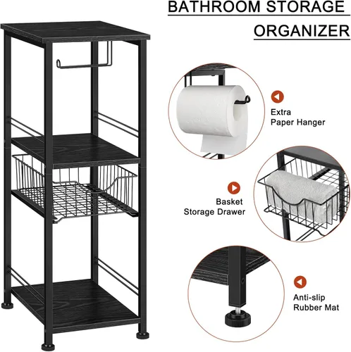 Miniatura 5 de OYEAL Armario de almacenamiento de papel higiénico negro pequeño estante lateral de baño con cajón estrecho gabinete de almacenamiento de toallas