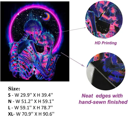 Miniatura 6 de TUGCAY Tapiz de luz negra con calavera que brilla en la oscuridad, tapiz para amantes de los besos, esqueleto, neón, trippy, pósters verticales