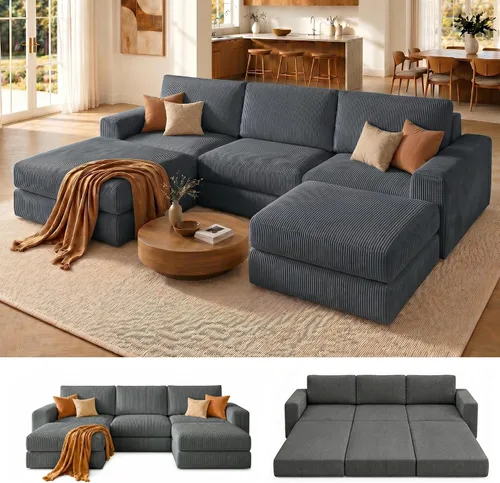 Miniatura 23 de Sofá seccional modular, 120.47" Sofá seccional moderno en forma de nube con chaise en L, cómodo sofá mullido de corduroy con asiento profundo, sofás