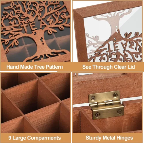 Miniatura 4 de Organizador de caja de té de madera, organizadores de té y almacenamiento con patrón de árbol, soporte para bolsa de té, caja organizadora