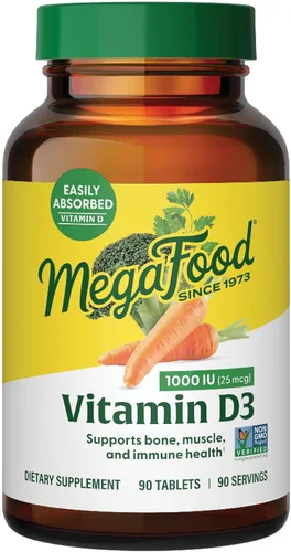 MegaFood Vitamina D3 1000 UI (25 mcg) – Suplementos de vitamina D con alimentos reales, apoyo inmunológico, apoya huesos, dientes y músculos,